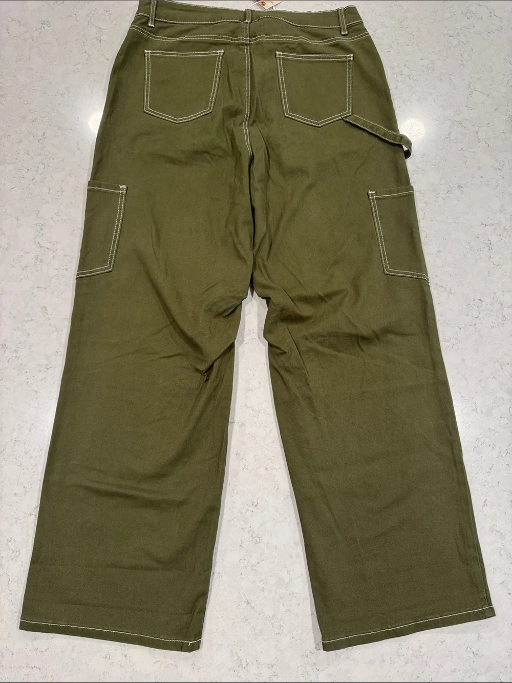 NWT DOKOTOO Sz 14 Olive Carpenter Utility Cargo High Waist White Stitch Stretch